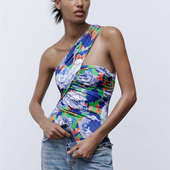 NWT Zara One Sleeve Floral Asymmetric Bodysuit Sz S - Picture 2 of 9
